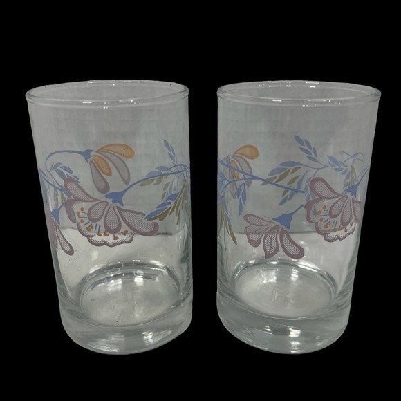 Vintage Libbey Crisa Floral Print Breakfast Juice Glasses Blue Pink 5 Oz 2 Set - Picture 4 of 11